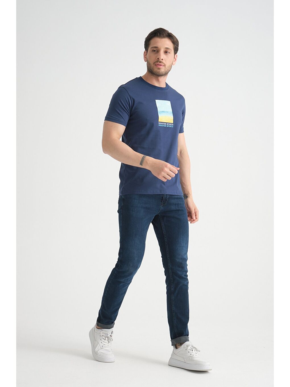 İndigo Erkek T-Shirt %100 Pamuk Minimalist Tasarım Regular Kalıp Baskılı-3
