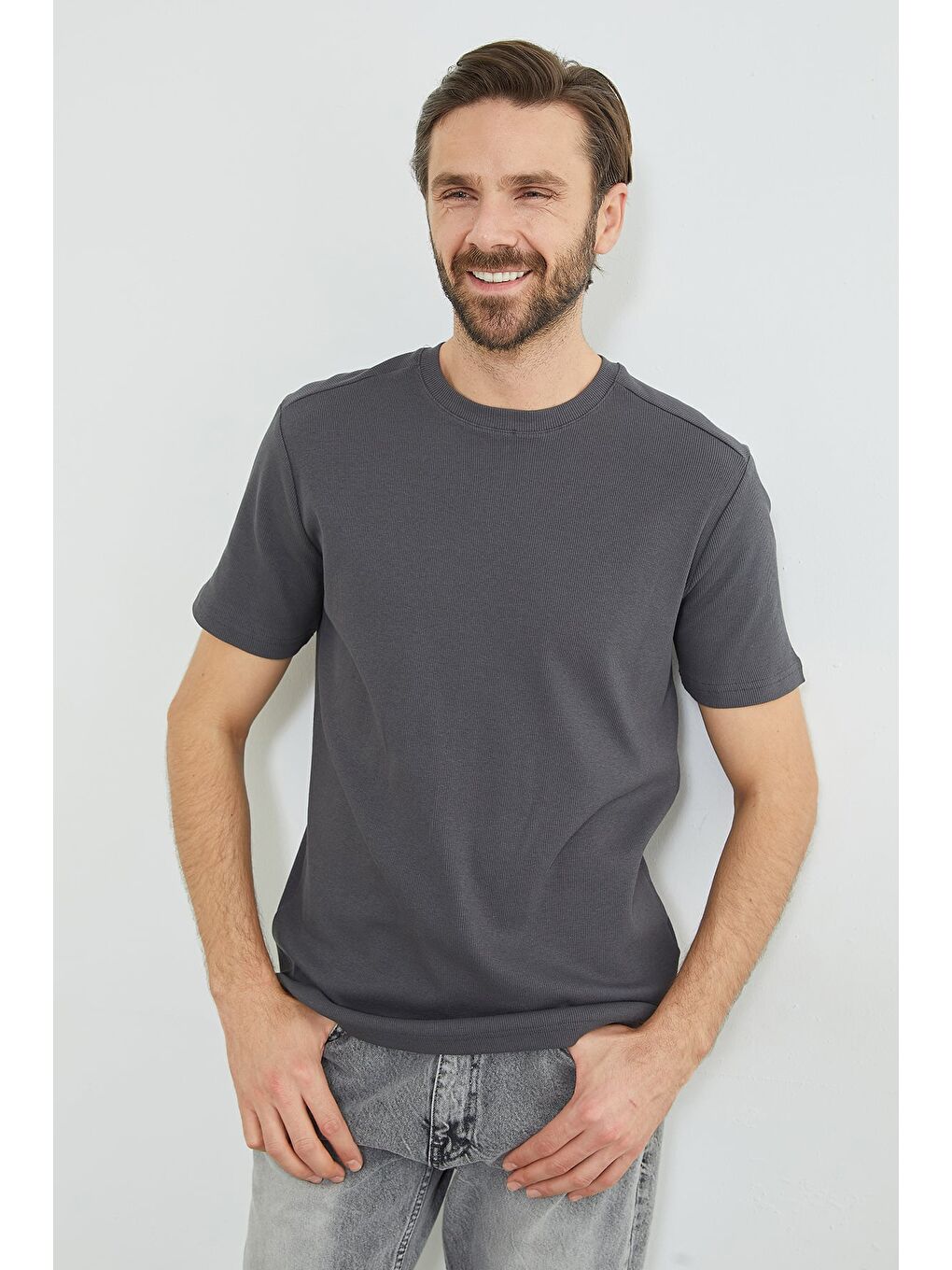 Antrasit Basic Fitilli Bisiklet Yaka Tişört