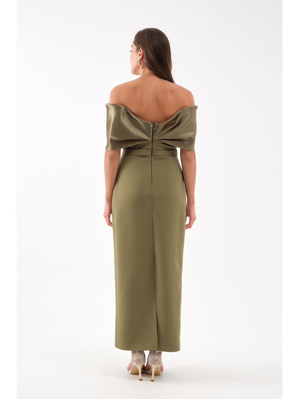 Kadın Haki Kayık Yaka İncili Söz Nişan Nikah Abiye Elbise-4