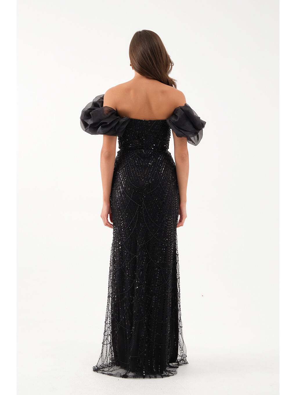 Kadın Siyah Kol Detay Boncuklu Uzun Abiye Elbise-4