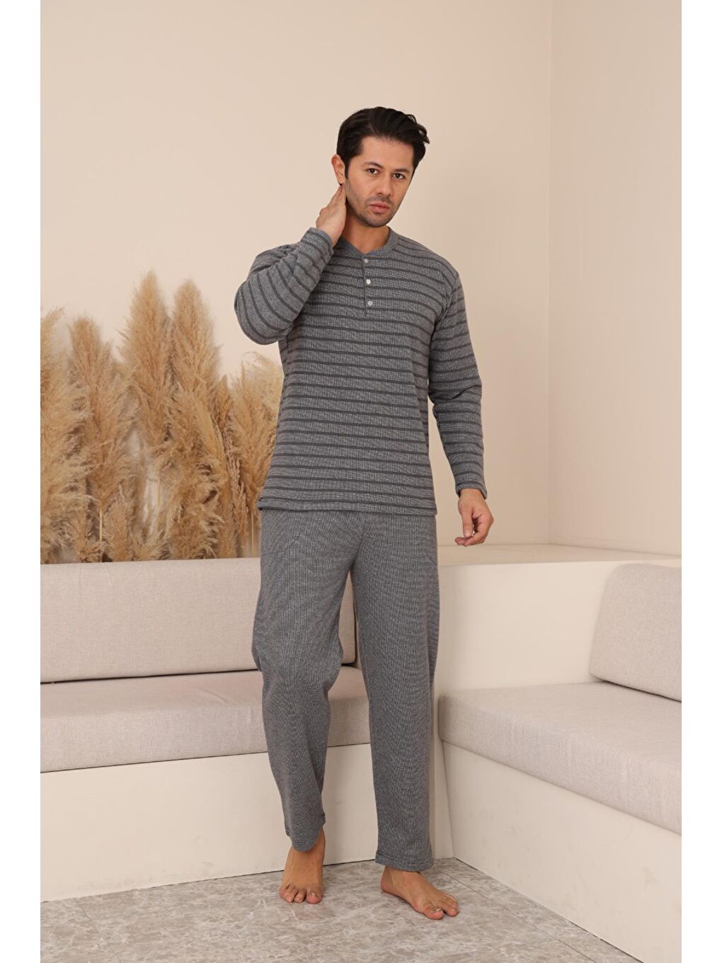 Erkek Selanik Önü Patlı Pamuklu Pijama Takımı | Gri 629