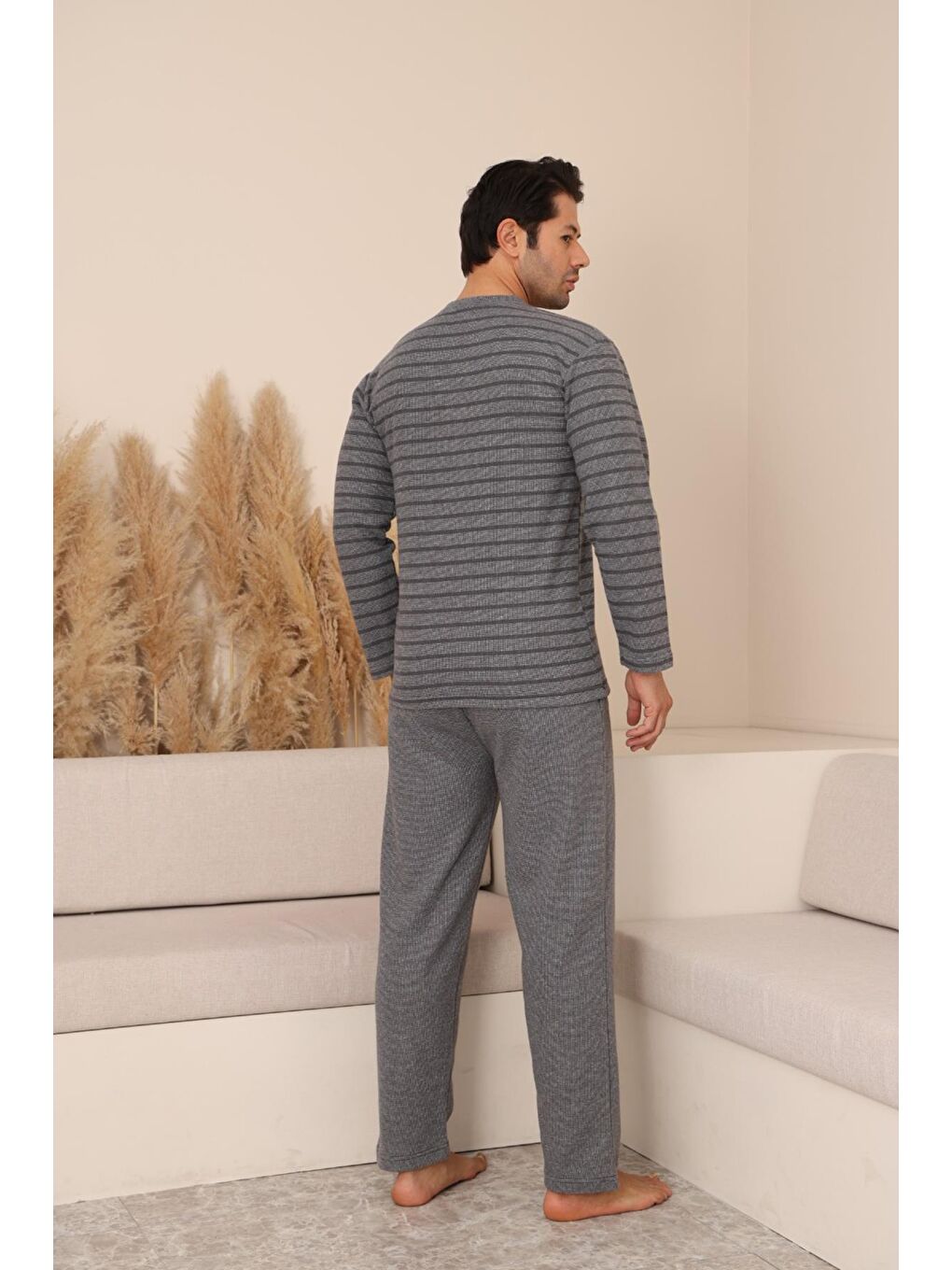 Erkek Selanik Önü Patlı Pamuklu Pijama Takımı | Gri 629-1