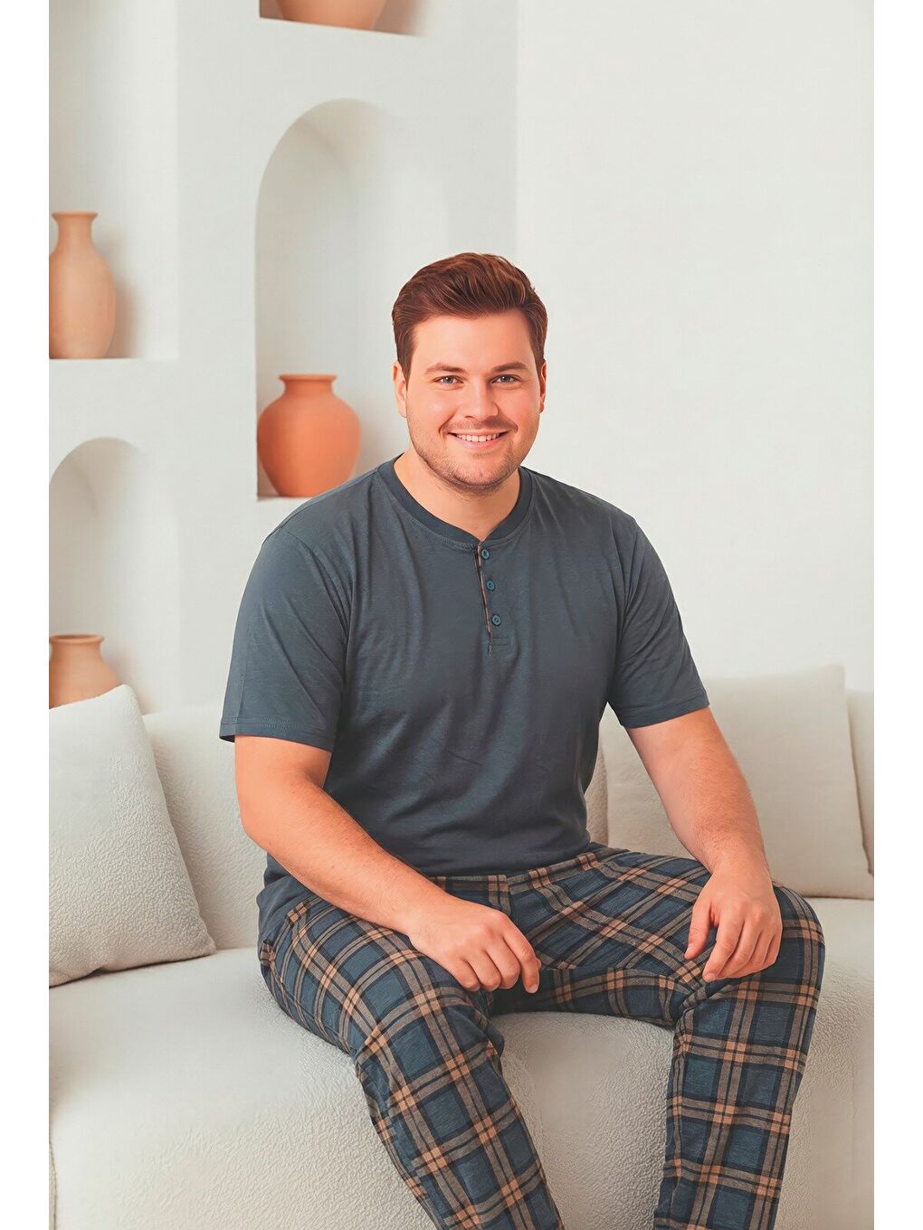 Gri Erkek %100 Doğal Pamuk Ekoseli Kısa Kollu Düğmeli Yüksek Kaliteli Pijama Takımı-1