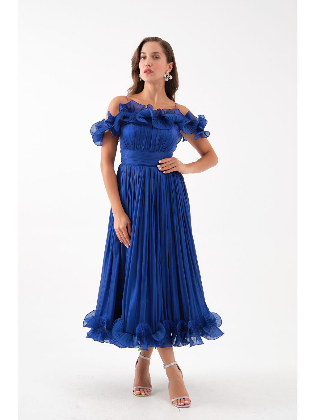 Mavi Kadın Saks Yaka Detay Midi Abiye Elbise-3