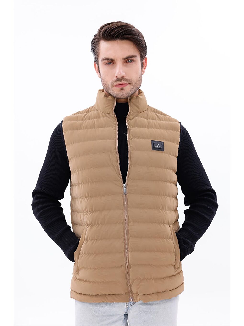 Bej Erkek Nova Kumaş Şişme Yelek Hafif Dolgulu Fermuarlı Cepli Su İtici Rahat Kalıp-1