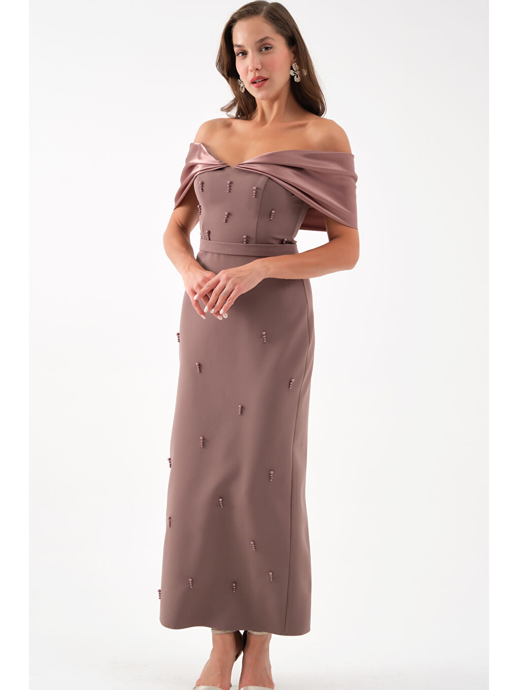 Kadın Kahverengi Kayık Yaka İncili Söz Nişan Nikah Abiye Elbise-2