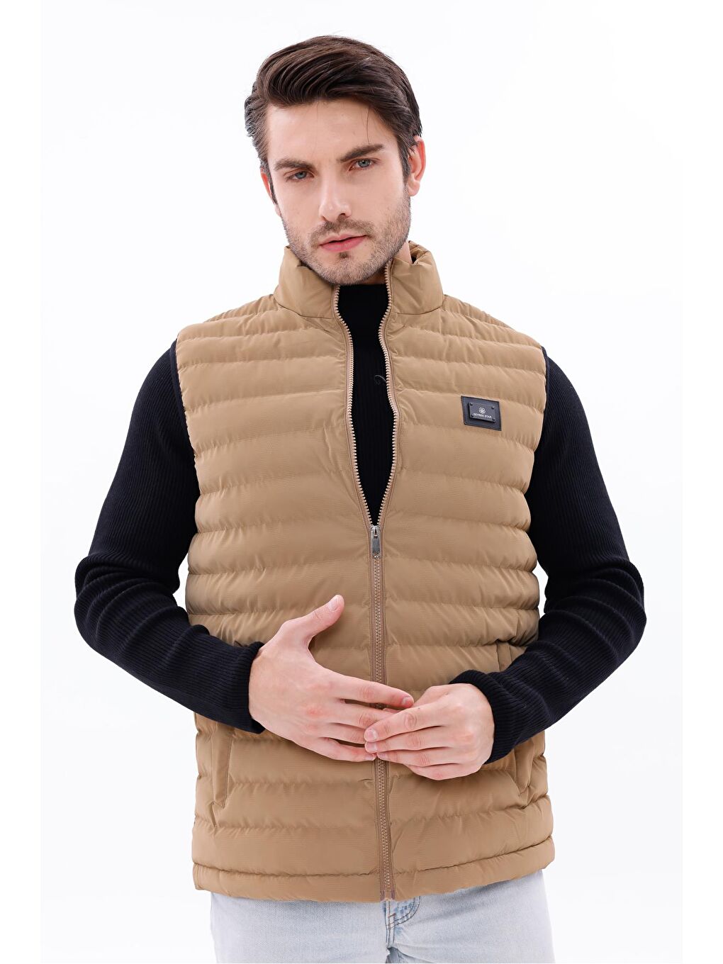 Bej Erkek Nova Kumaş Şişme Yelek Hafif Dolgulu Fermuarlı Cepli Su İtici Rahat Kalıp-2
