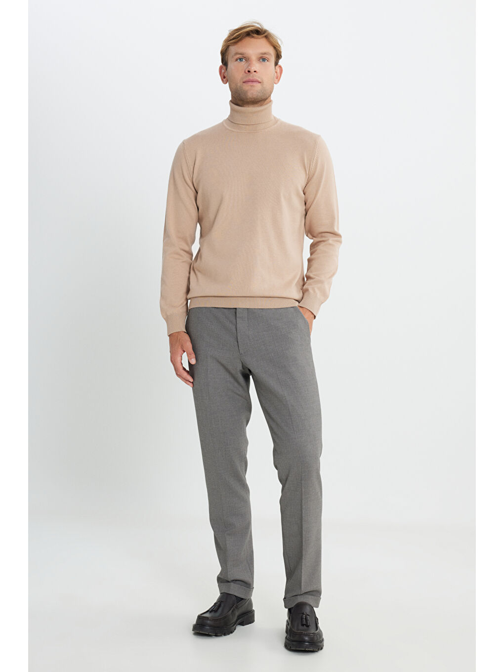 Erkek Bej Pamuklu Standart Fit Normal Kesim Tam Balıkçı Yaka Basic Triko Kazak-1