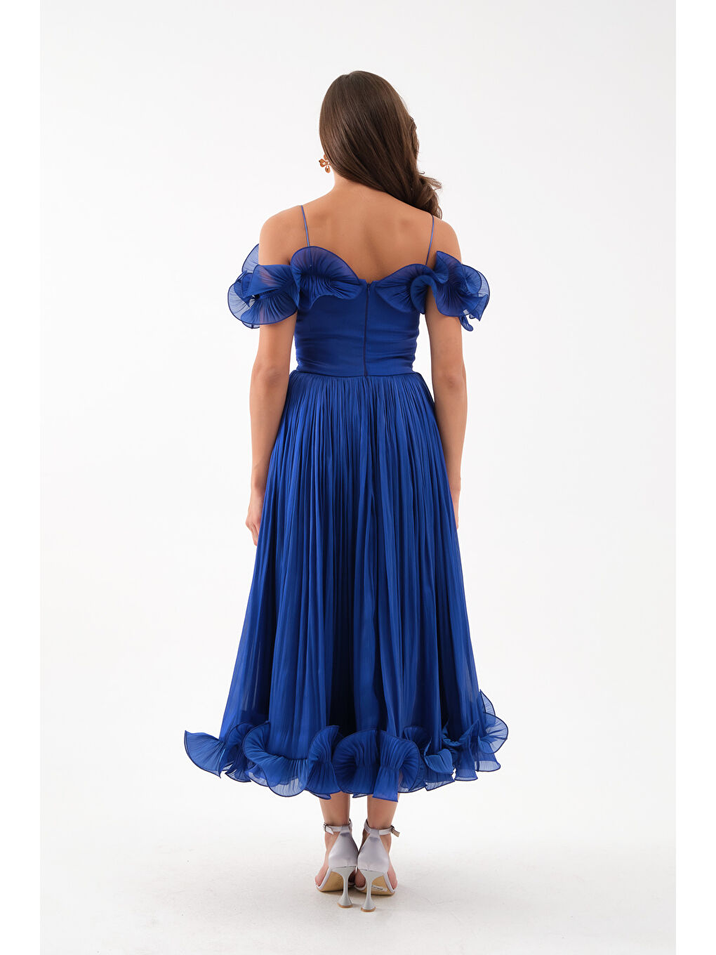 Mavi Kadın Saks Yaka Detay Midi Abiye Elbise-4