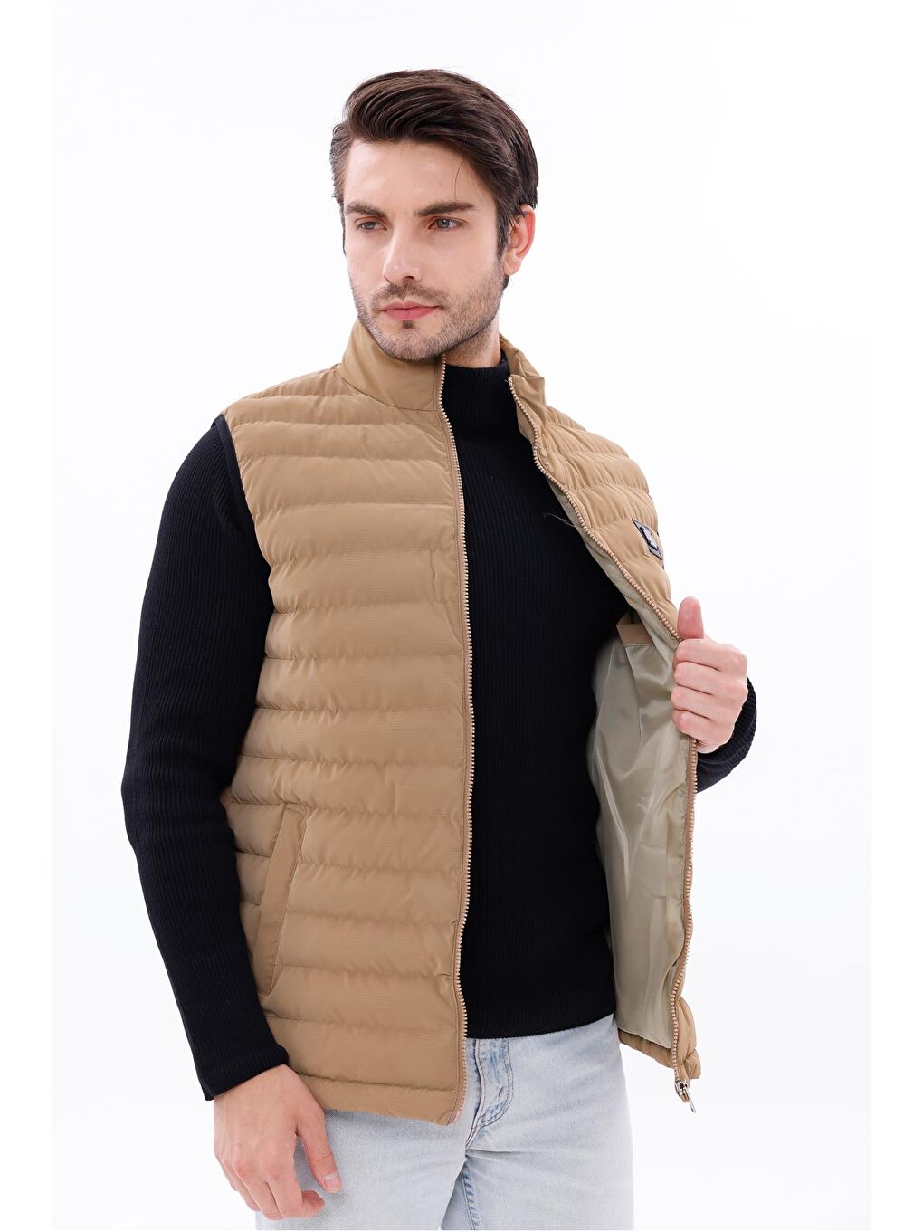 Bej Erkek Nova Kumaş Şişme Yelek Hafif Dolgulu Fermuarlı Cepli Su İtici Rahat Kalıp-3