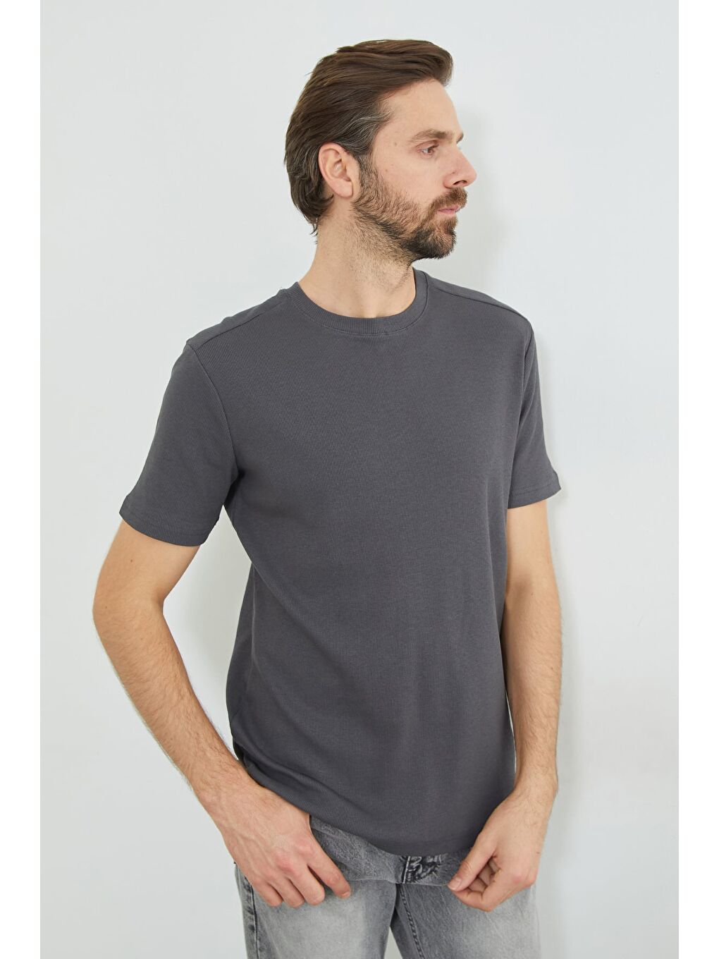 Antrasit Basic Fitilli Bisiklet Yaka Tişört-2