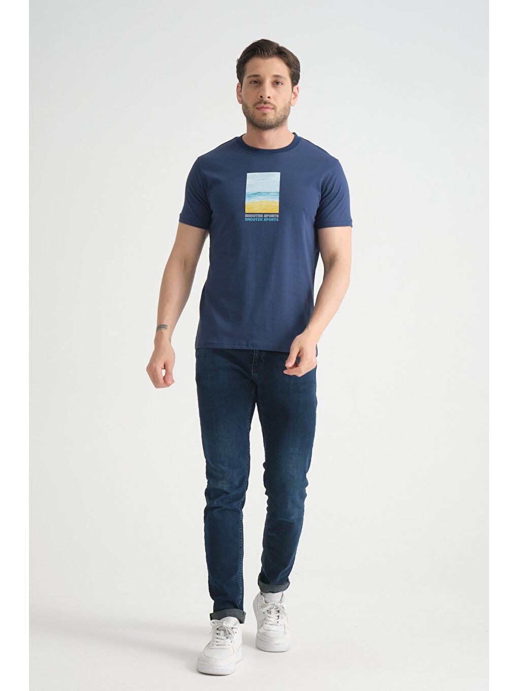 İndigo Erkek T-Shirt %100 Pamuk Minimalist Tasarım Regular Kalıp Baskılı-5