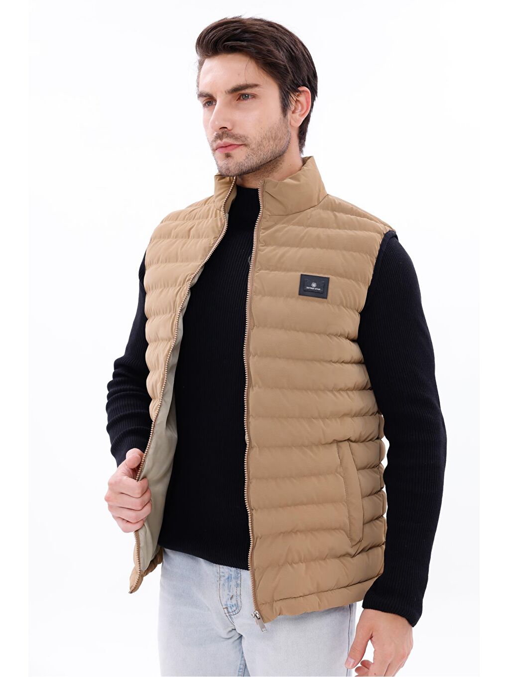 Bej Erkek Nova Kumaş Şişme Yelek Hafif Dolgulu Fermuarlı Cepli Su İtici Rahat Kalıp-4