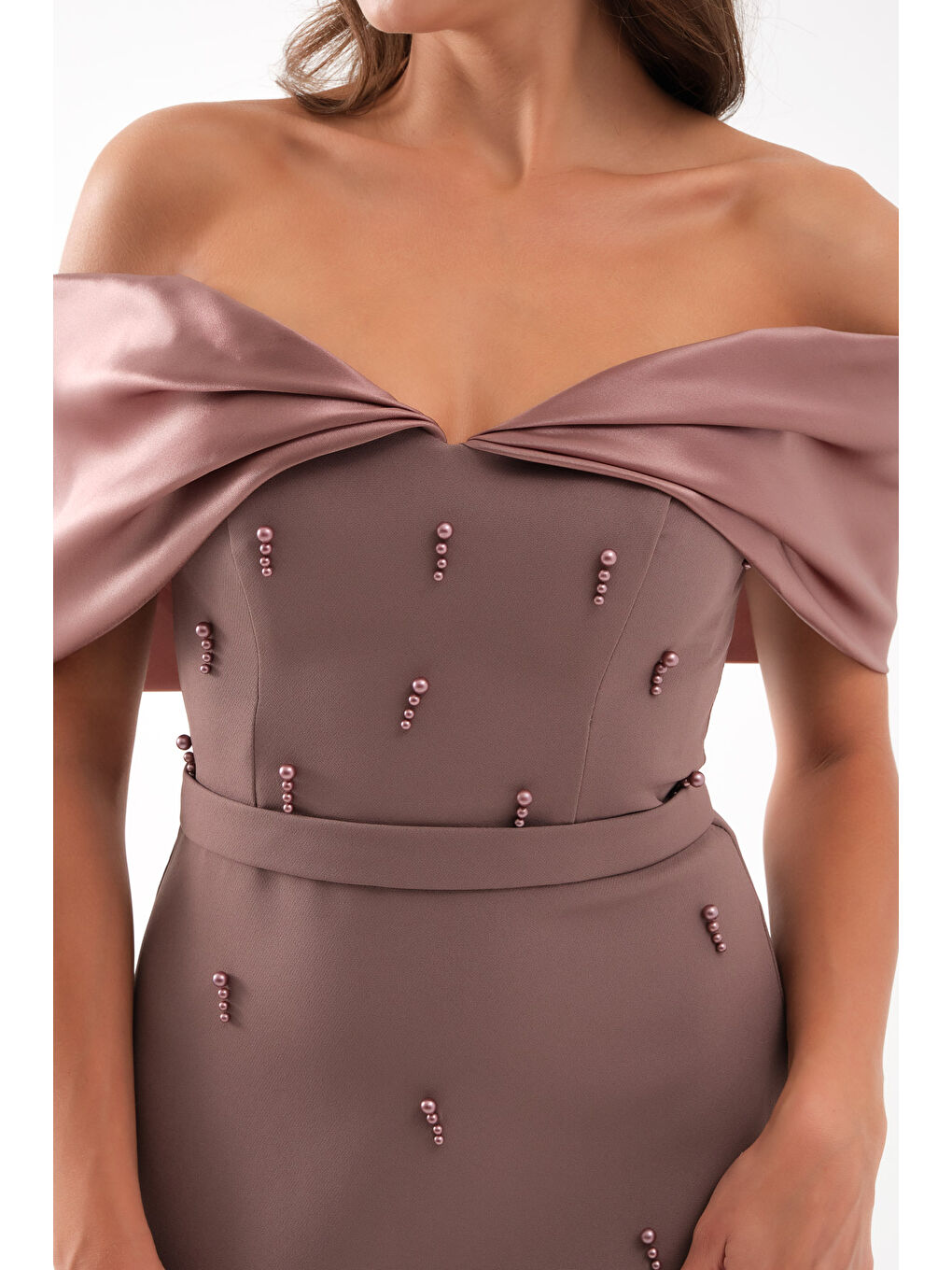 Kadın Kahverengi Kayık Yaka İncili Söz Nişan Nikah Abiye Elbise-3