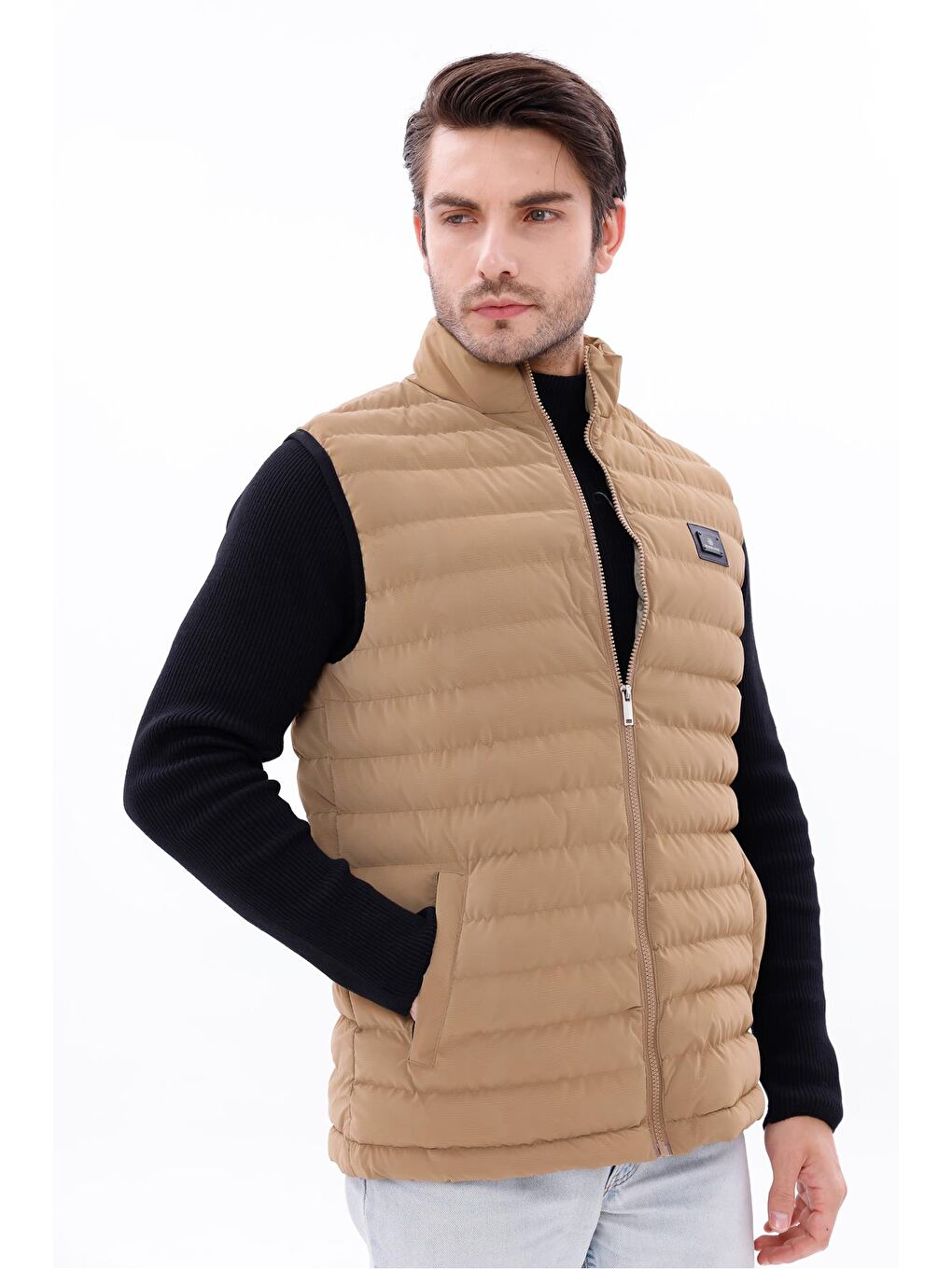 Bej Erkek Nova Kumaş Şişme Yelek Hafif Dolgulu Fermuarlı Cepli Su İtici Rahat Kalıp-5