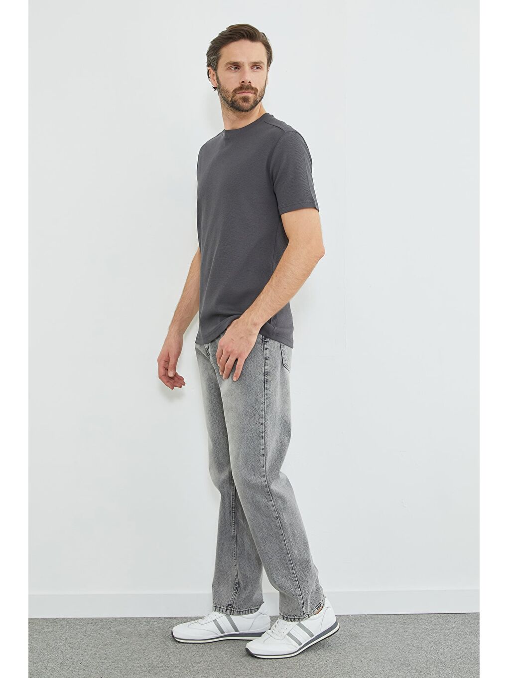 Antrasit Basic Fitilli Bisiklet Yaka Tişört-4