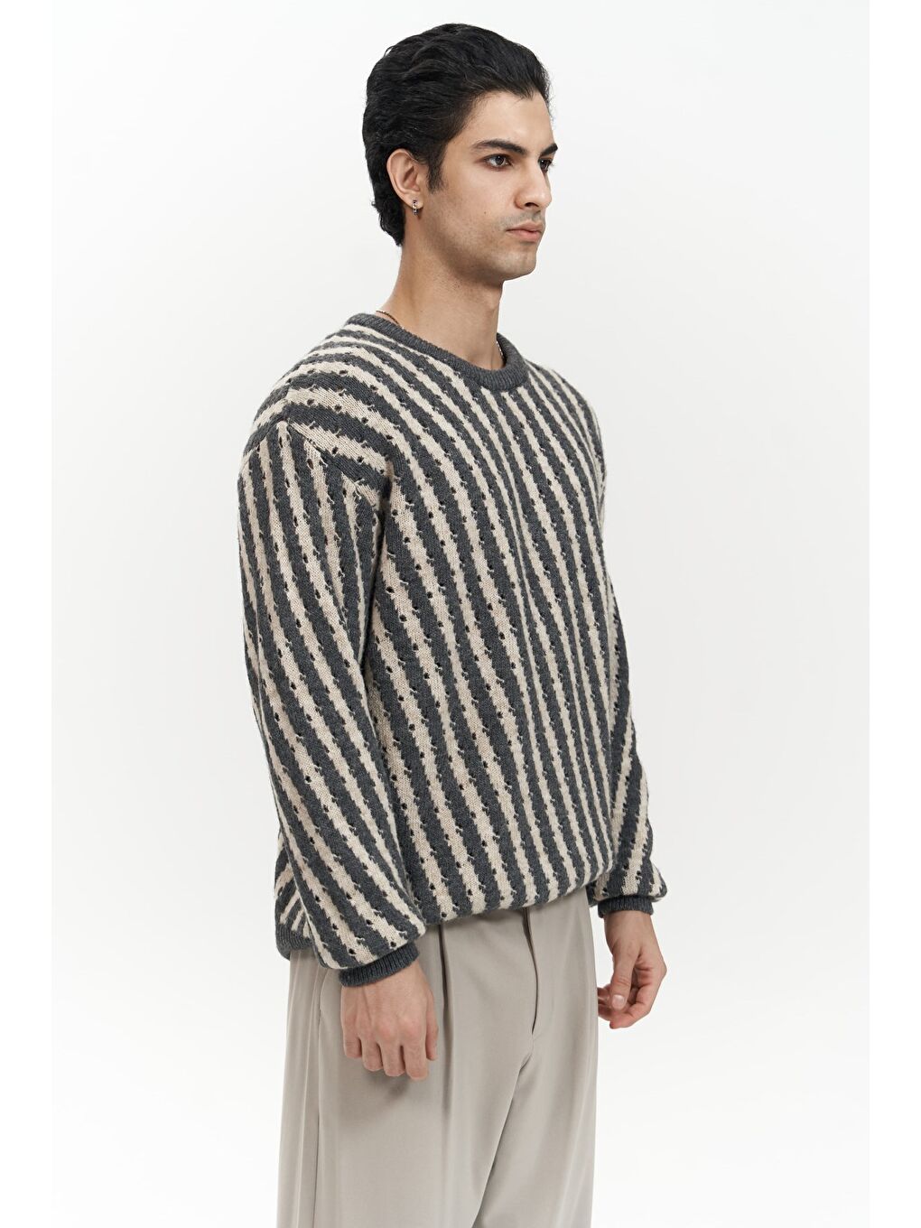 Mai Collection Elijah Şeritli Antrasit Erkek Triko Kazak - 2