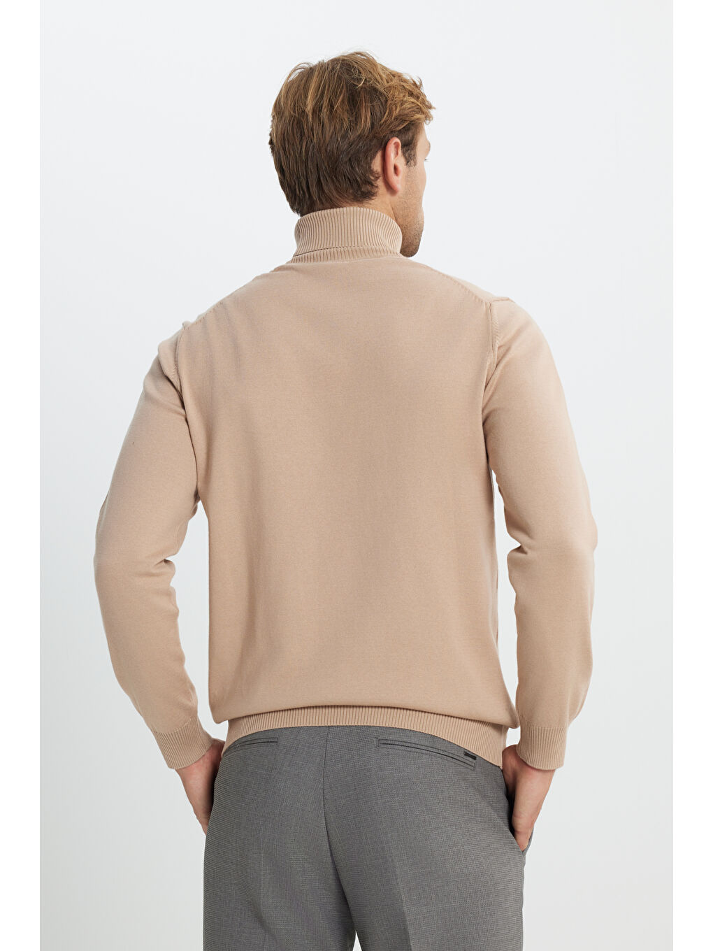 Erkek Bej Pamuklu Standart Fit Normal Kesim Tam Balıkçı Yaka Basic Triko Kazak-5