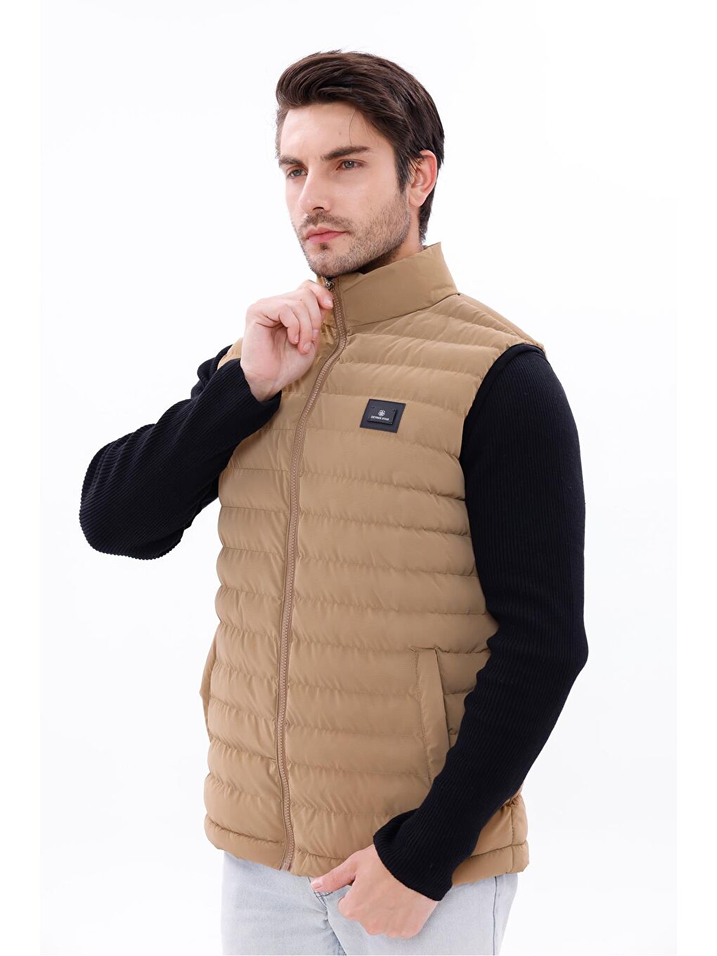 Bej Erkek Nova Kumaş Şişme Yelek Hafif Dolgulu Fermuarlı Cepli Su İtici Rahat Kalıp-6