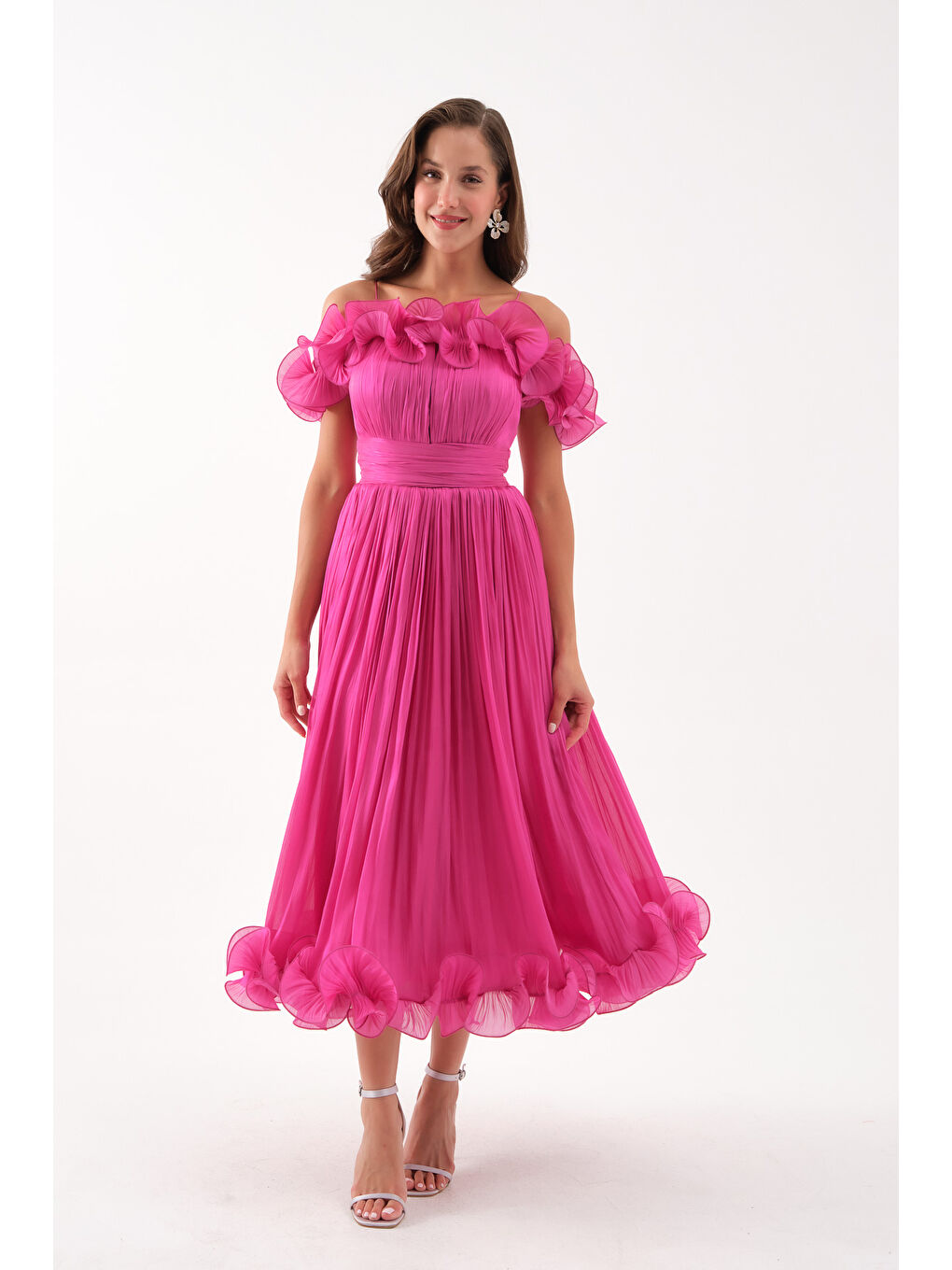 Kadın Fuşya Yaka Detay Midi Abiye Elbise-1