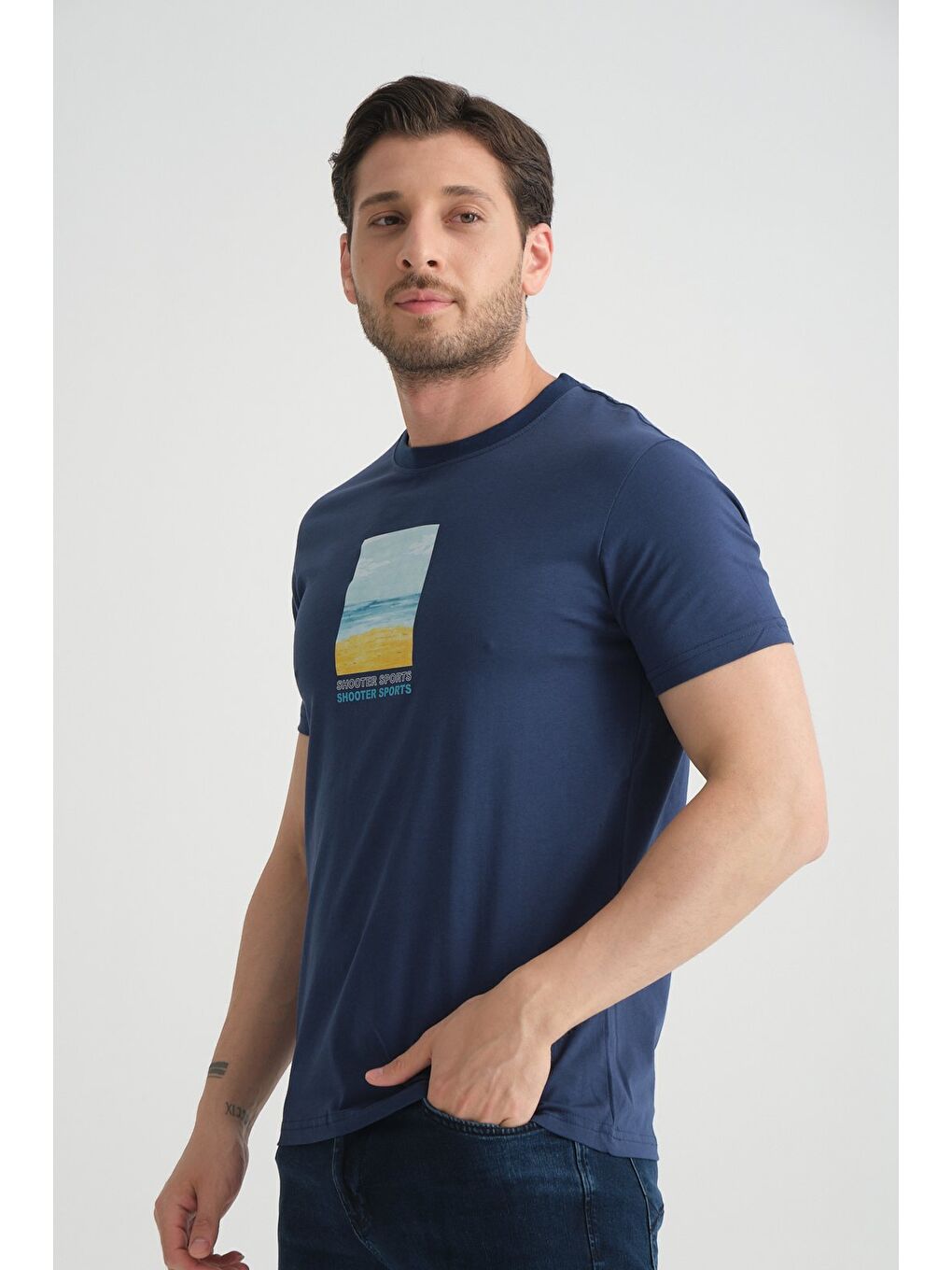İndigo Erkek T-Shirt %100 Pamuk Minimalist Tasarım Regular Kalıp Baskılı-6