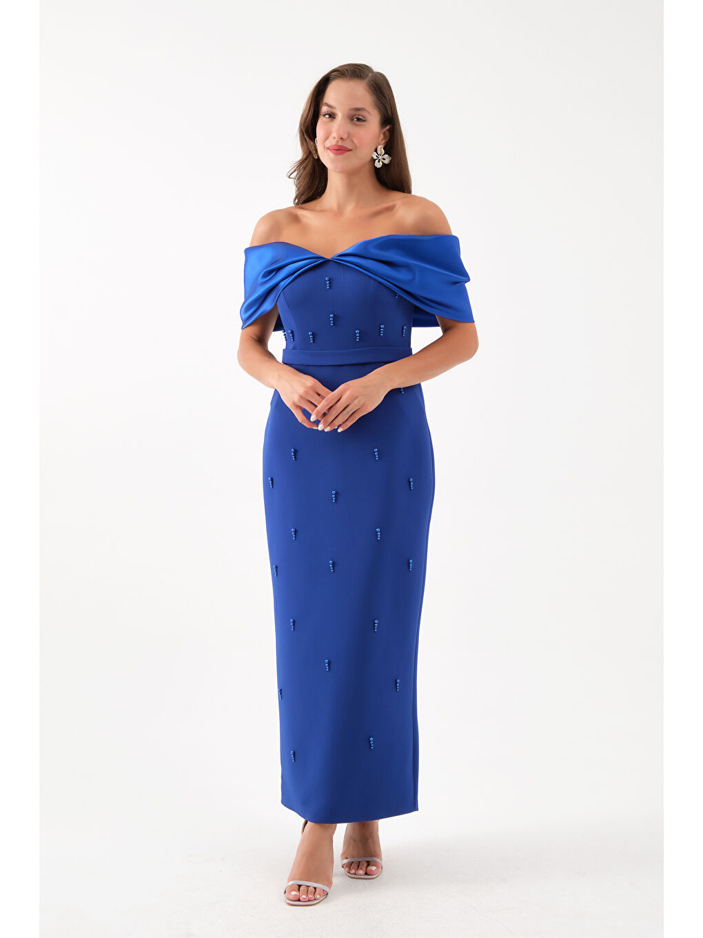 Mavi Kadın Saks Kayık Yaka İncili Söz Nişan Nikah Abiye Elbise-1
