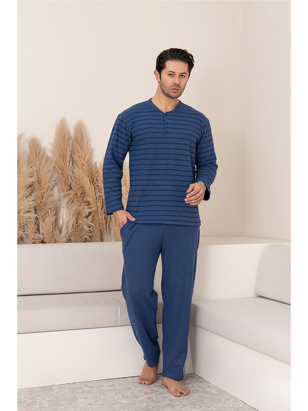 Erkek Selanik Önü Patlı Pamuklu Pijama Takımı | Lacivert 631
