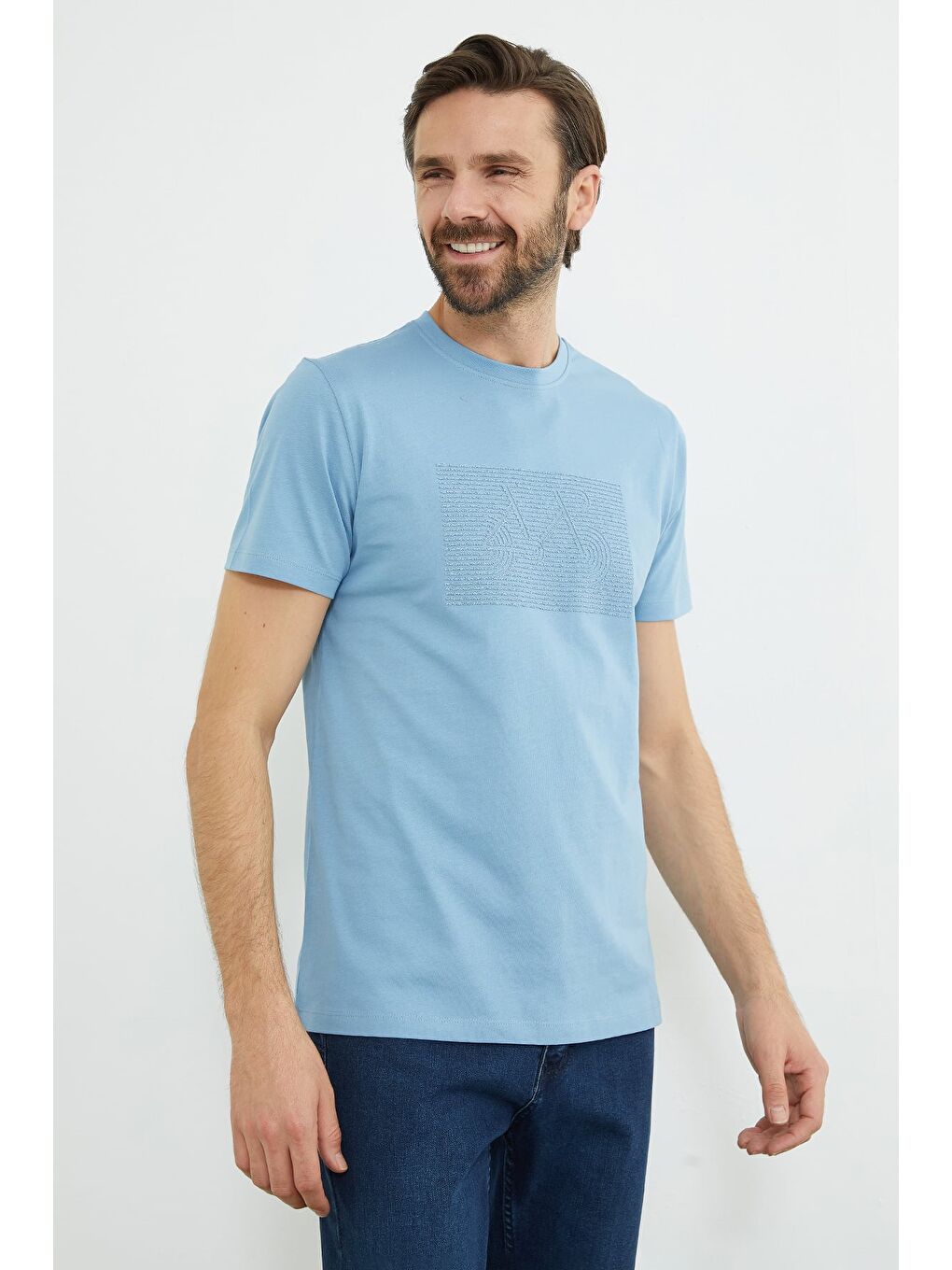 Mavi Kabartma Baskılı Bisiklet Yaka Tişört