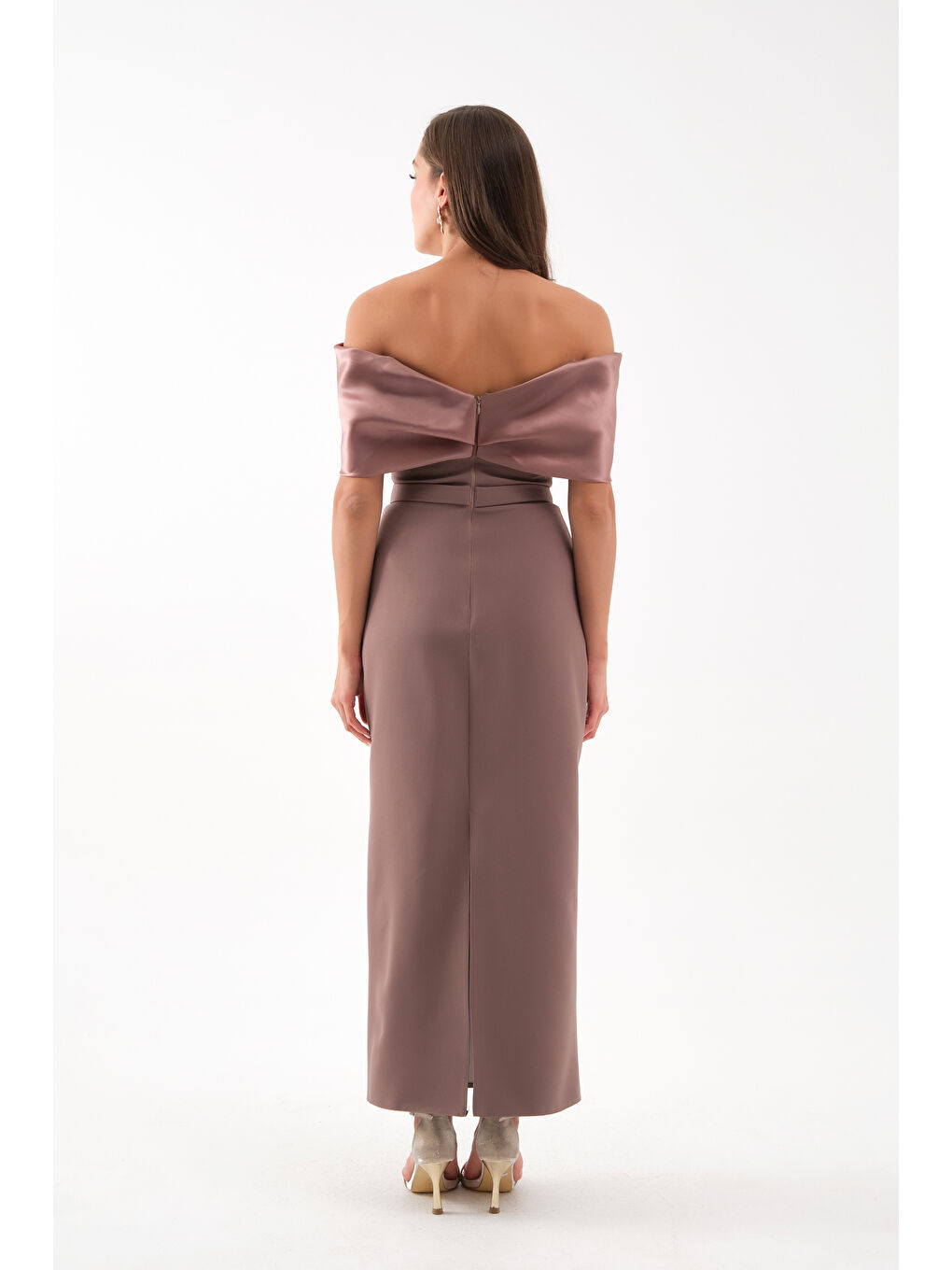 Kadın Kahverengi Kayık Yaka İncili Söz Nişan Nikah Abiye Elbise-4