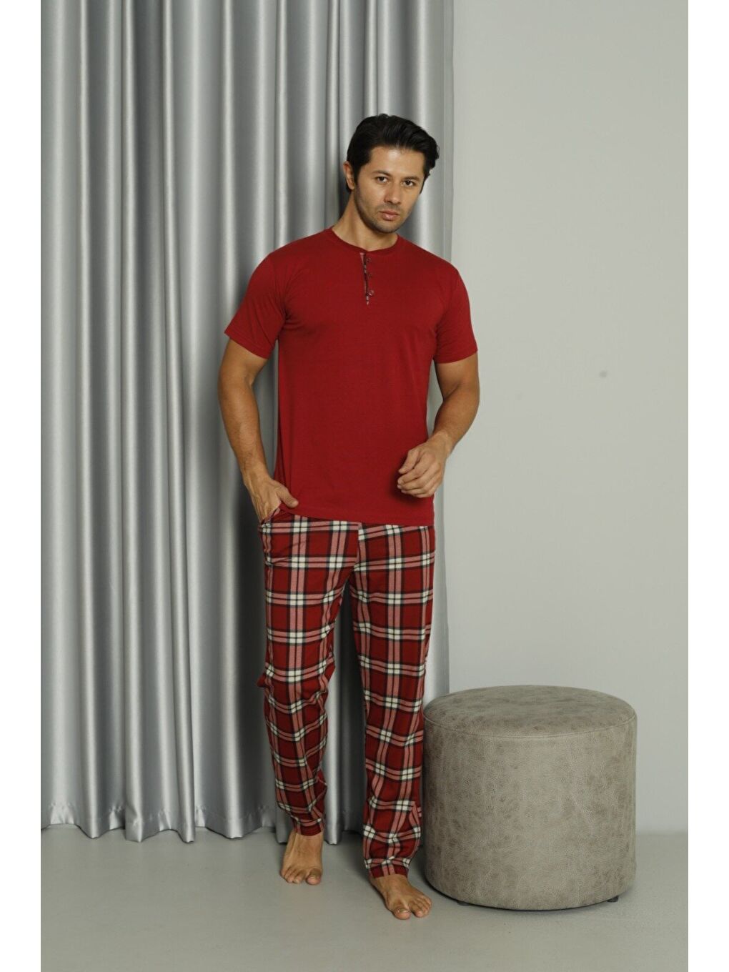 Bordo Erkek %100 Doğal Pamuk Ekoseli Kısa Kollu Düğmeli Yüksek Kaliteli Pijama Takımı