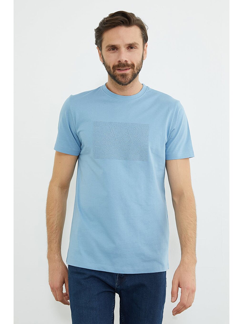 Mavi Kabartma Baskılı Bisiklet Yaka Tişört-1