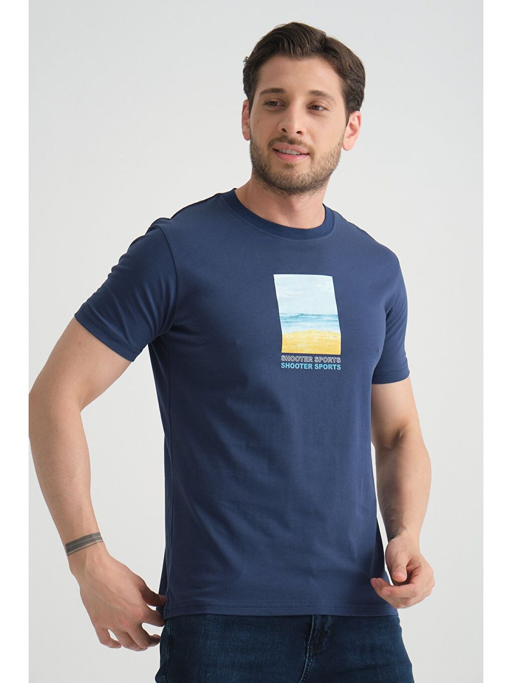 İndigo Erkek T-Shirt %100 Pamuk Minimalist Tasarım Regular Kalıp Baskılı-7