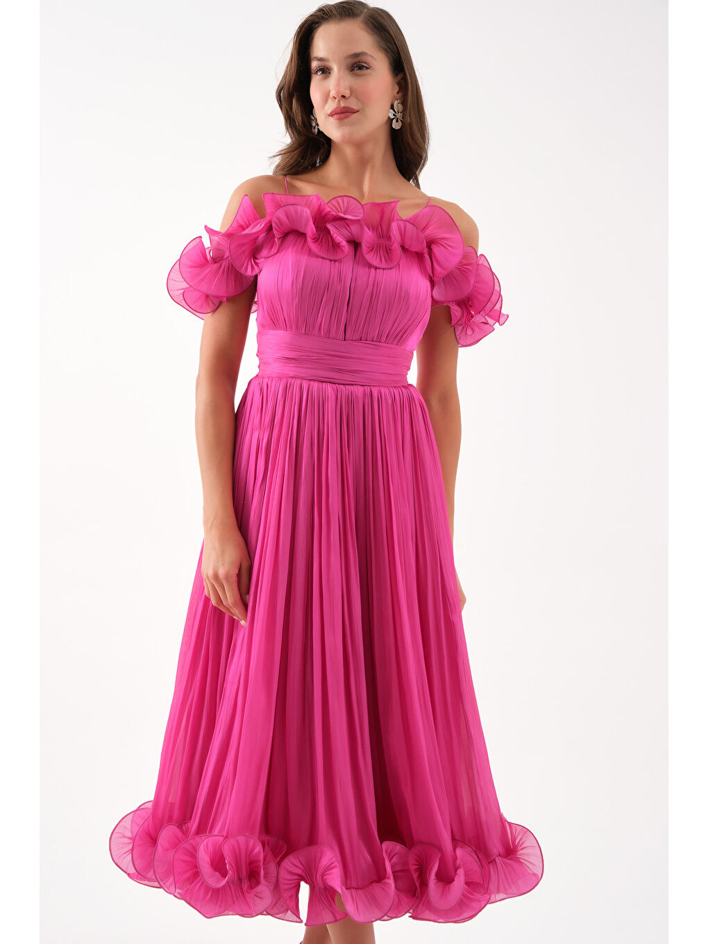 Kadın Fuşya Yaka Detay Midi Abiye Elbise-2