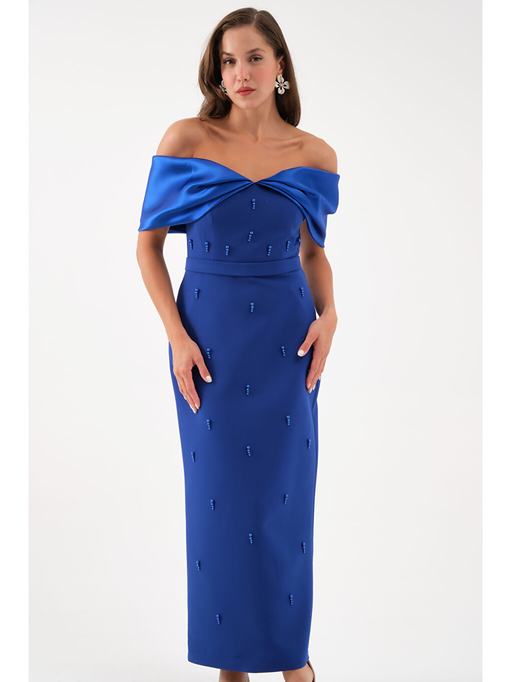 Mavi Kadın Saks Kayık Yaka İncili Söz Nişan Nikah Abiye Elbise-2