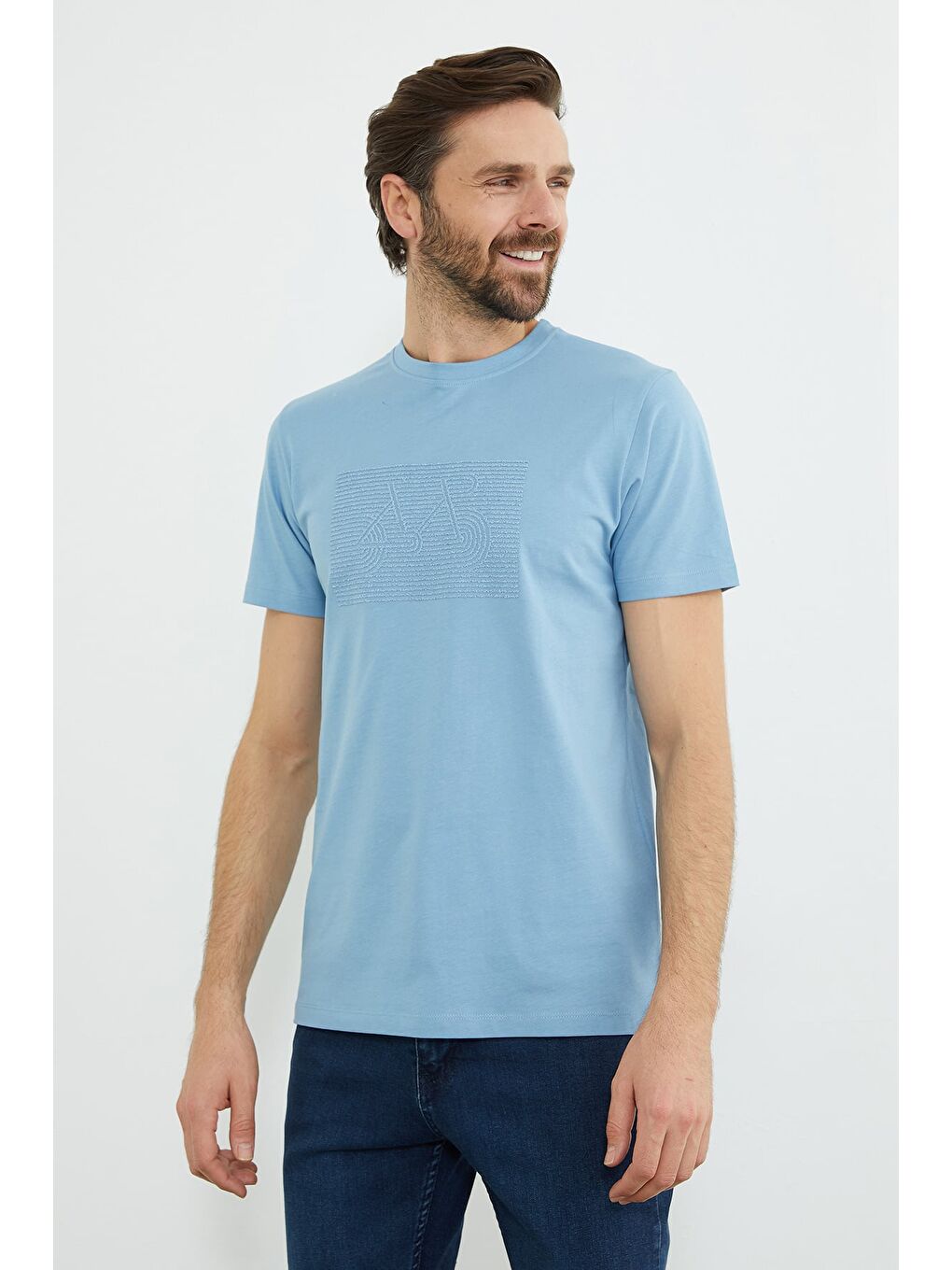 Mavi Kabartma Baskılı Bisiklet Yaka Tişört-2