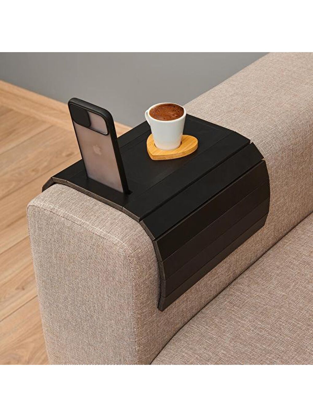 Deri Detaylı Telefon Tutuculu Koltuk Sehpası - Siyah-3