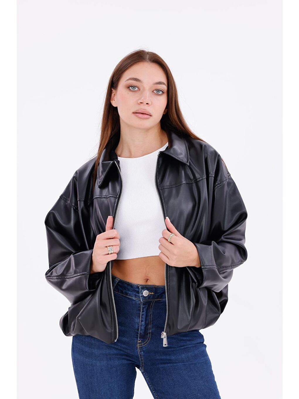 Siyah Kadın Oversize Deri Görünümlü Ceket – Fermuarlı Modern Stil Günlük Dış Giyim-1