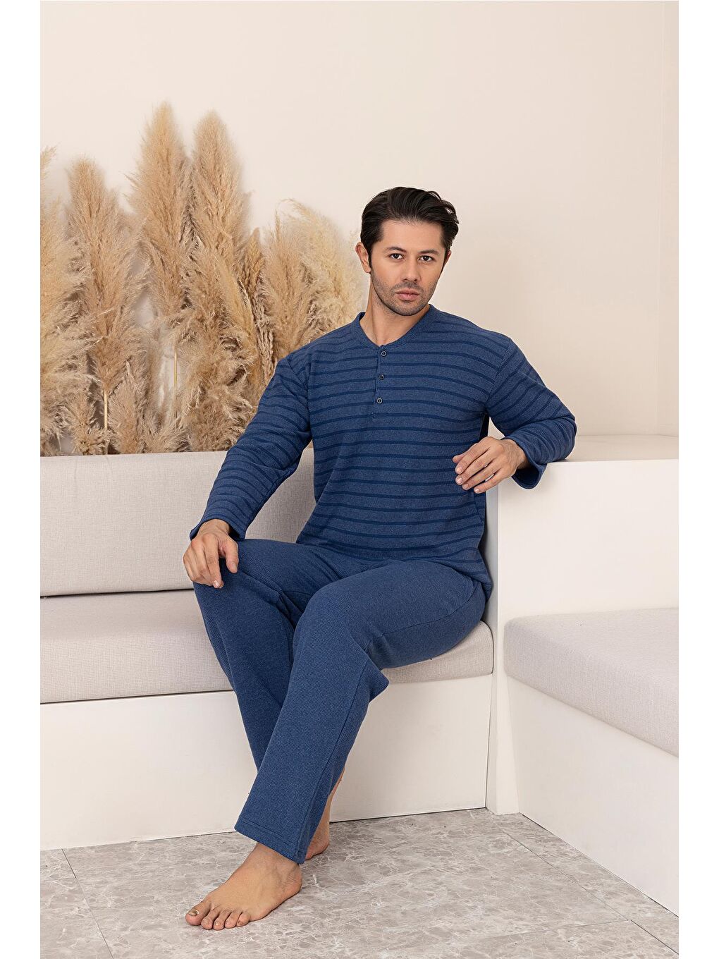 Erkek Selanik Önü Patlı Pamuklu Pijama Takımı | Lacivert 631-1