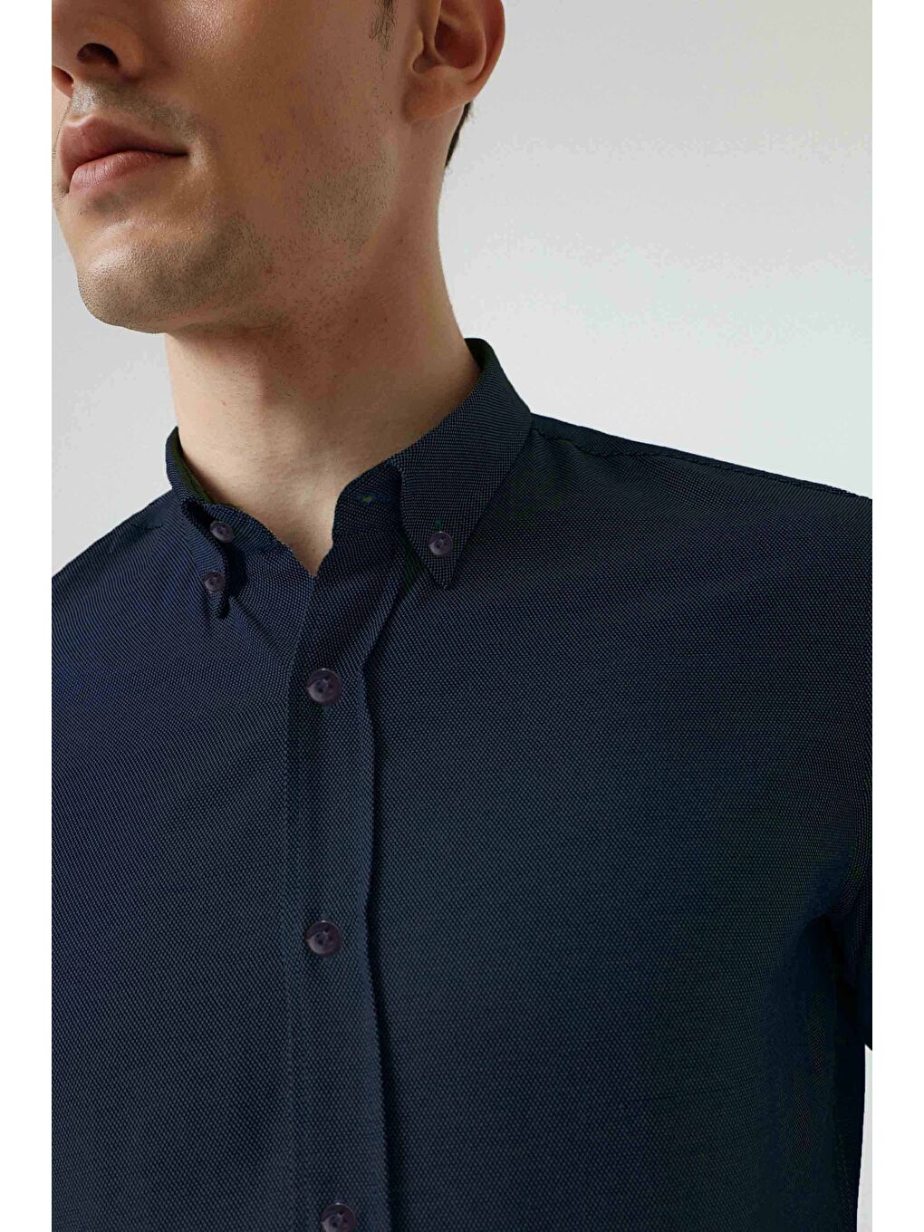 Slim Fit Lacivert Armürlü Düğmeli Yaka Pamuklu Gömlek-2