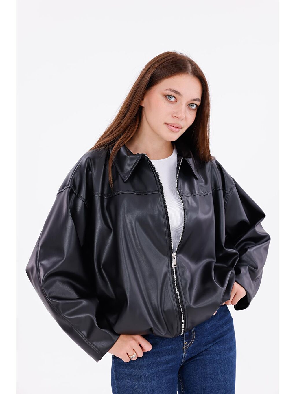 Siyah Kadın Oversize Deri Görünümlü Ceket – Fermuarlı Modern Stil Günlük Dış Giyim-2