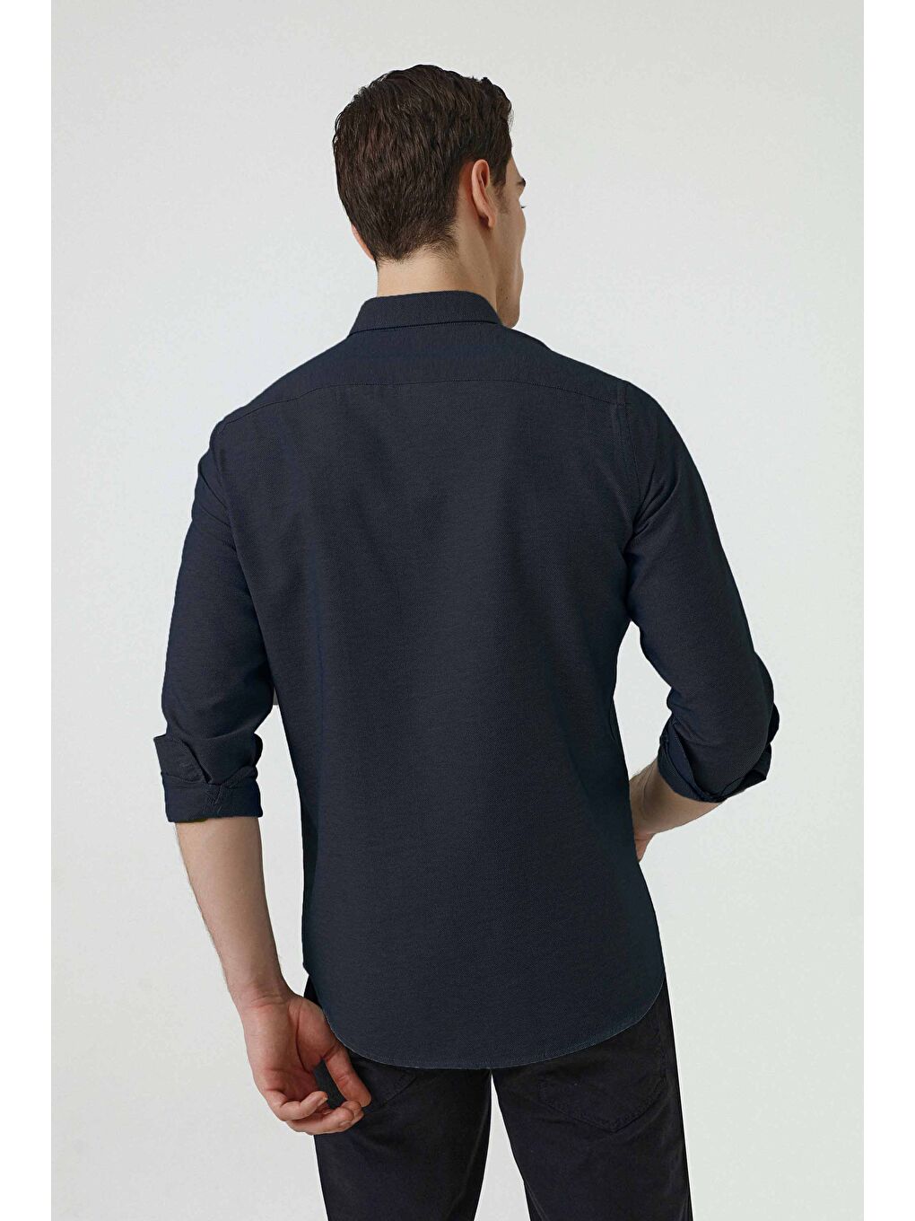 Slim Fit Lacivert Armürlü Düğmeli Yaka Pamuklu Gömlek-3