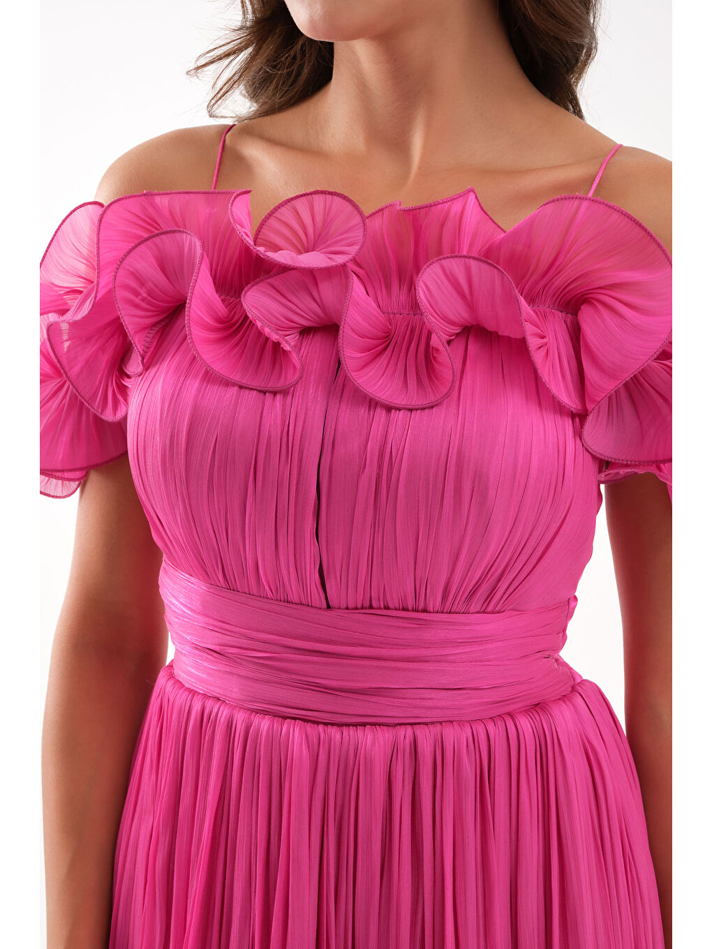 Kadın Fuşya Yaka Detay Midi Abiye Elbise-3