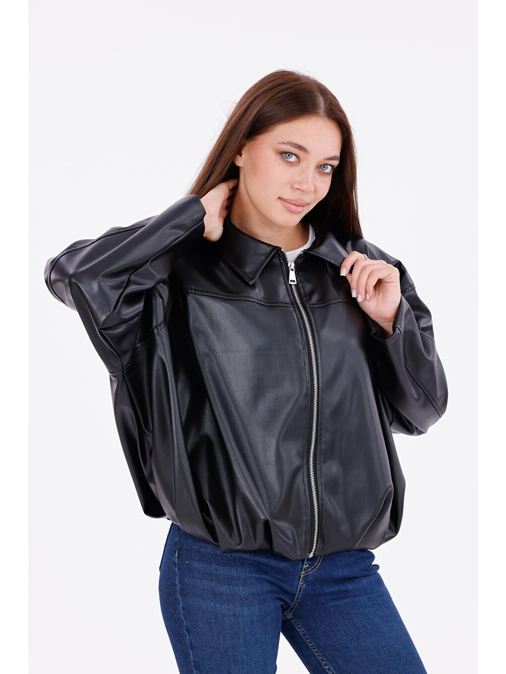 Siyah Kadın Oversize Deri Görünümlü Ceket – Fermuarlı Modern Stil Günlük Dış Giyim-3