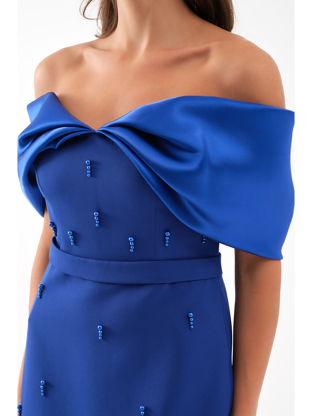 Mavi Kadın Saks Kayık Yaka İncili Söz Nişan Nikah Abiye Elbise-3