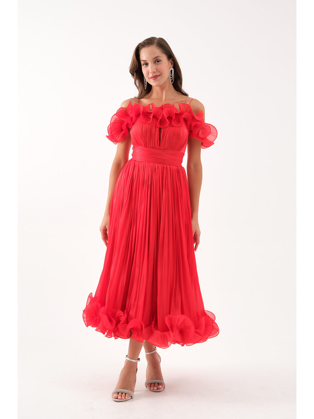 Kadın Kırmızı Yaka Detay Midi Abiye Elbise-1