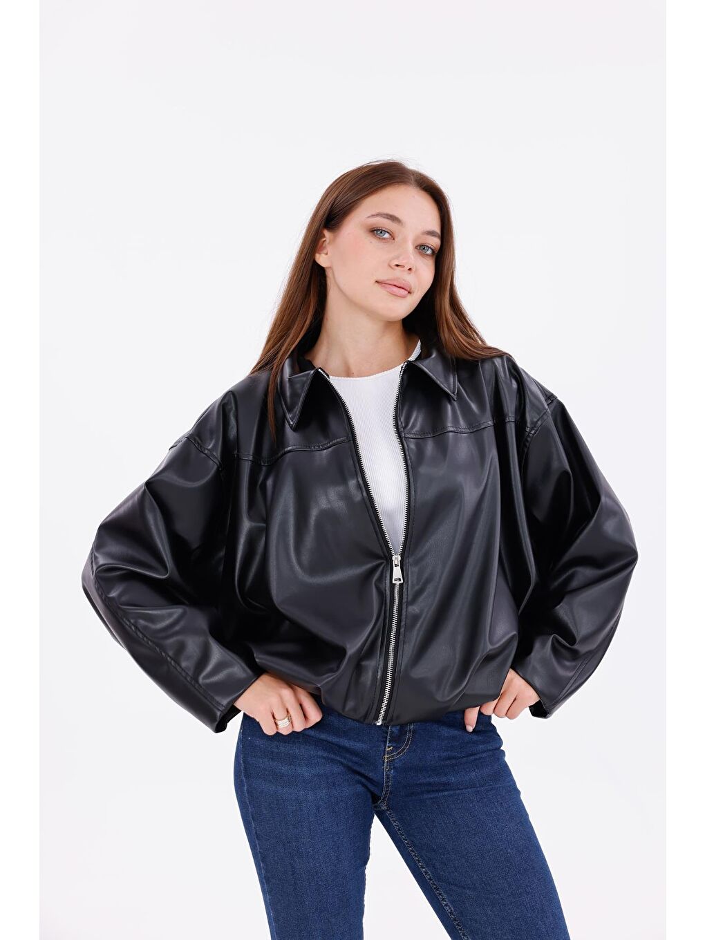 Siyah Kadın Oversize Deri Görünümlü Ceket – Fermuarlı Modern Stil Günlük Dış Giyim-4