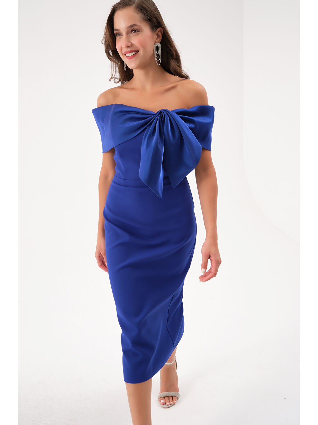 Mavi Kadın Saks Yaka Detaylı Söz Nişan Nikah Abiye Elbise-2