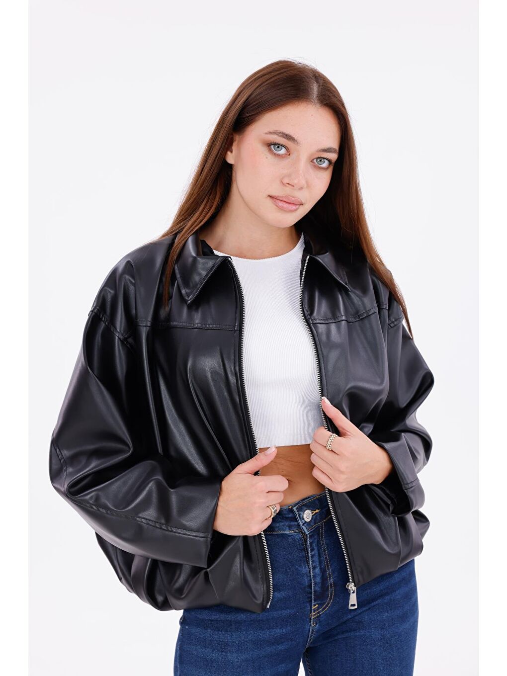 Siyah Kadın Oversize Deri Görünümlü Ceket – Fermuarlı Modern Stil Günlük Dış Giyim-5