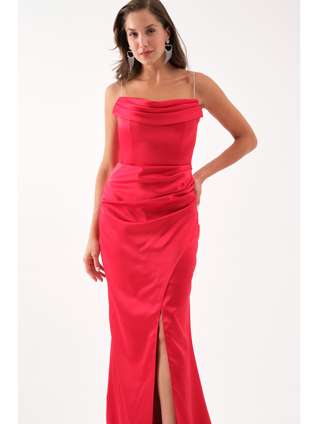 Kadın Kırmızı Taş Askılı Uzun Söz Nişan Abiye Elbise-2