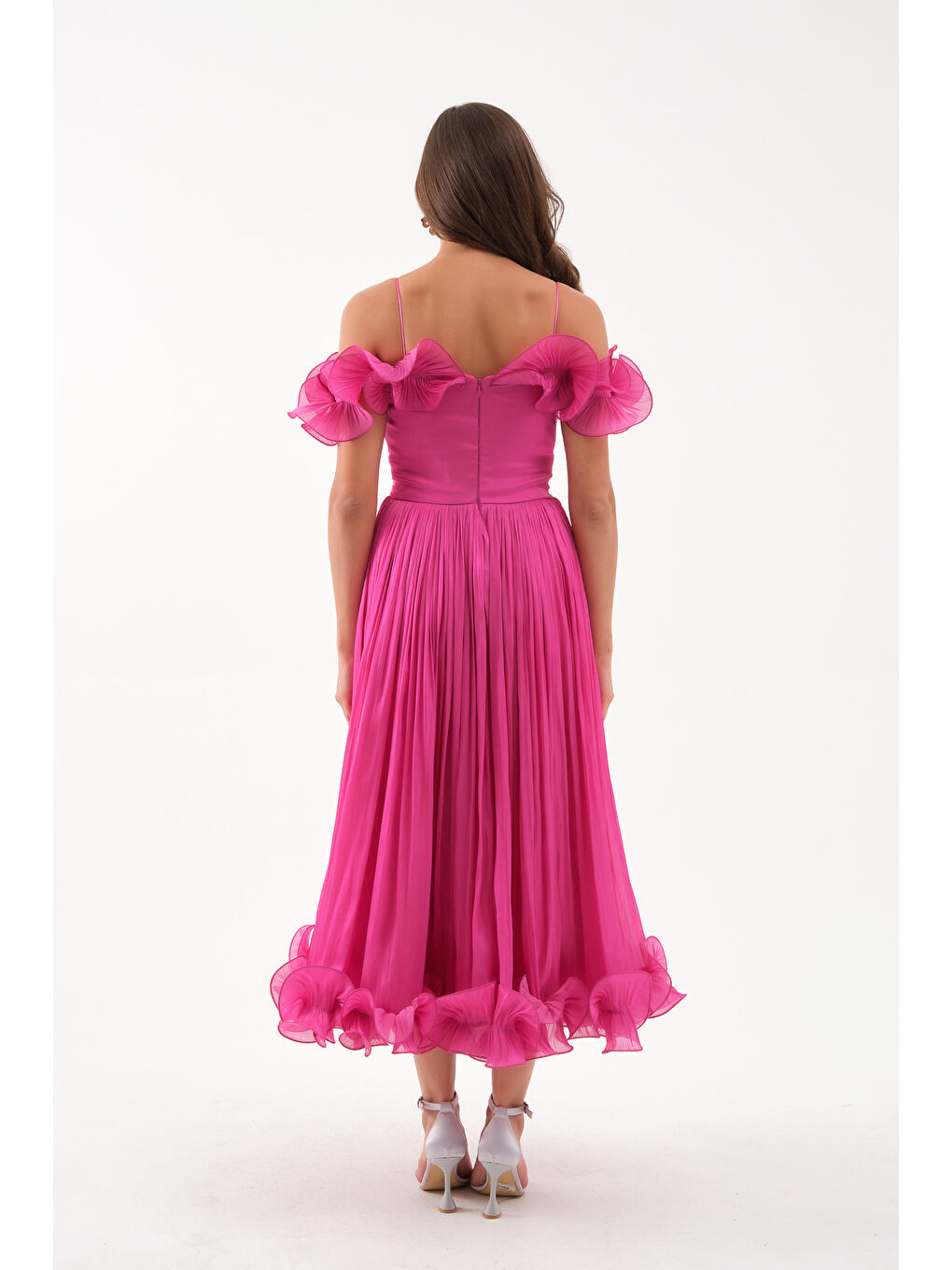 Kadın Fuşya Yaka Detay Midi Abiye Elbise-4